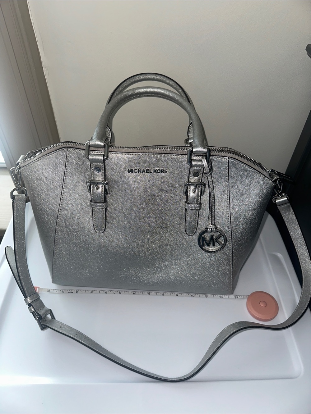 Michael Kors Metallic Silver Saffiano Satchel with Shoulder Strap